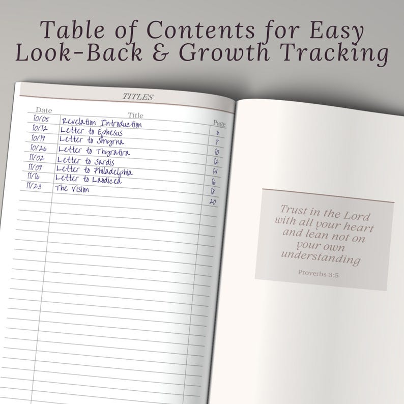Table of Contents page in a Sermon Notes Journal with numbered spaces to track weekly sermons and find past notes quickly. Great for church, small group studies, and Bible learning. Simple Christian notebook design for organized scripture study. A perfect religious gift for women during Christmas or confirmation.