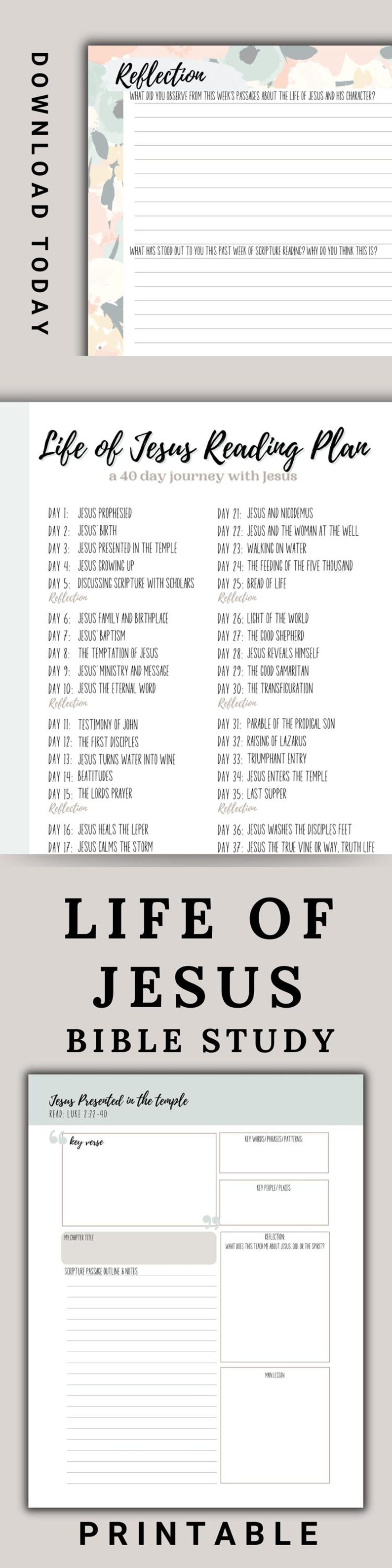 Life of Jesus Bible Study PDF Download with 40-day reading plan and coordinating templates for each day. Perfect for Easter or Lent devotional studies, this printable workbook helps women of faith dive deeper into the Gospels. Includes reflection journal pages and blank templates. A Christian gift for women or small group study.
