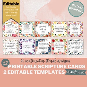 Tarjetas de Escritura editables e imprimibles, Tarjetas de Escritura personalizadas, Tarjetas de oración, Tarjetas de versículos bíblicos, Tarjetas inspiradoras, Flor de acuarela