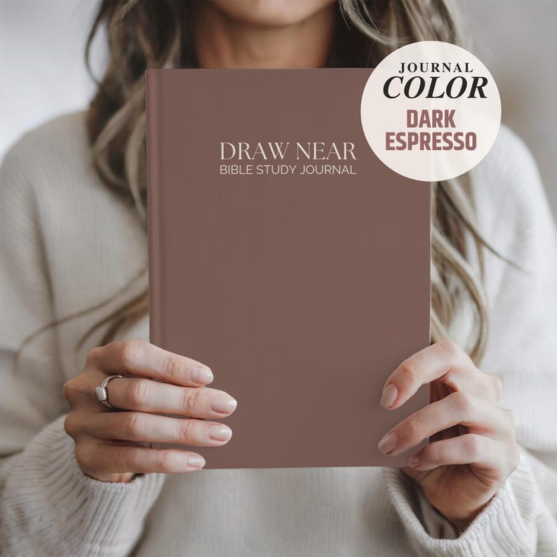 Minimalist 6x9 Guided Bible Study Journal for Christian women with the “Draw Near Bible Study Journal” cover design. Available in hardcover, softcover, and spiral bound options. A faith journal with scripture prompts for daily quiet time, small group study, or church ministry. Elegant Christian notebook for women seeking a simple, structured way to study God’s Word.