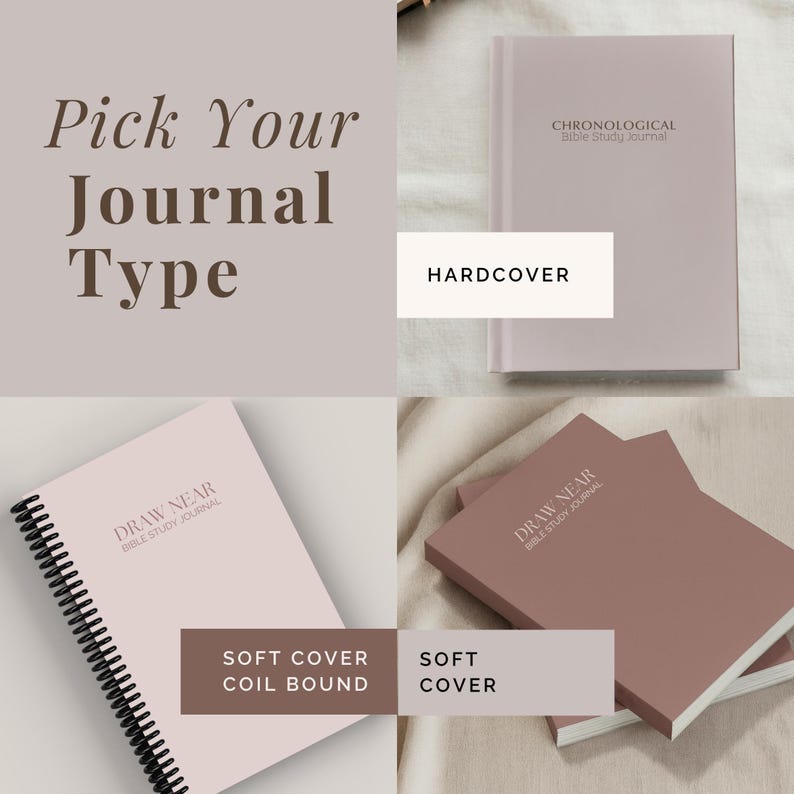 Minimalist 6x9 Guided Bible Study Journal for Christian women with the “Draw Near Bible Study Journal” cover design. Available in hardcover, softcover, and spiral bound options. A faith journal with scripture prompts for daily quiet time, small group study, or church ministry. Elegant Christian notebook for women seeking a simple, structured way to study God’s Word.