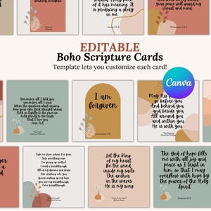 Edytowalny szablon karty z wersetami biblijnymi, karty pamięci z wersetami biblijnymi do druku, karty modlitewne z afirmacjami wersetów biblijnych, chrześcijańskie posługi kobiet w formacie PDF