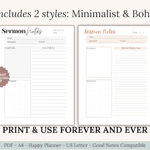 Christian Sermon Notes Printable Template with gratitude journal page. Capture sermon insights, reflect on Scripture, and track personal application. Includes boho and minimalist designs. Perfect devotional resource and Christian gift idea for women, teens, or small groups. Use as printable planner inserts or digital files with Goodnotes or Notability.