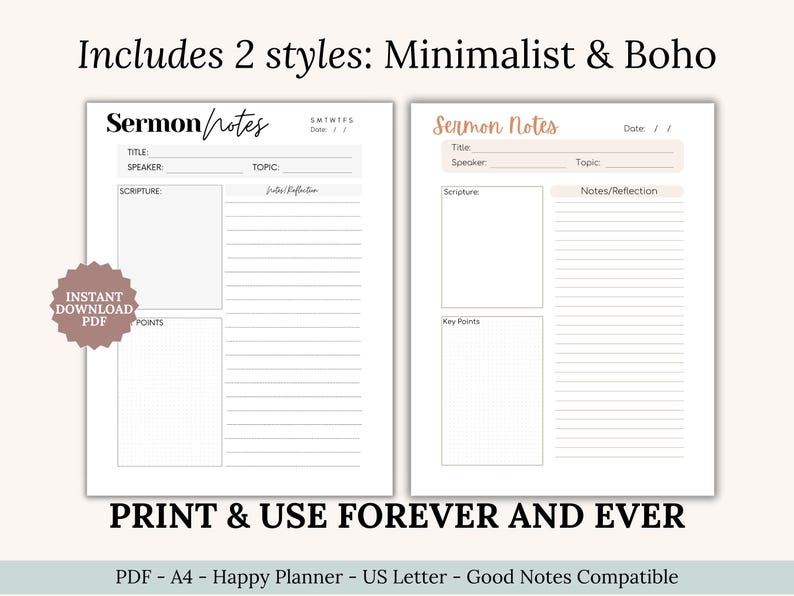 Christian Sermon Notes Printable Template with gratitude journal page. Capture sermon insights, reflect on Scripture, and track personal application. Includes boho and minimalist designs. Perfect devotional resource and Christian gift idea for women, teens, or small groups. Use as printable planner inserts or digital files with Goodnotes or Notability.
