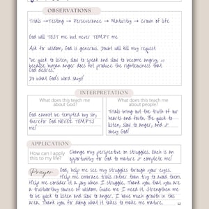 Digital Bible study journal template with a clean printable worksheet layout for inductive Bible study. Features dedicated sections for Scripture notes, observations, interpretation, application, and prayer. A simple, faith-based resource for Christian women to study the Bible with clarity, purpose, and focus.