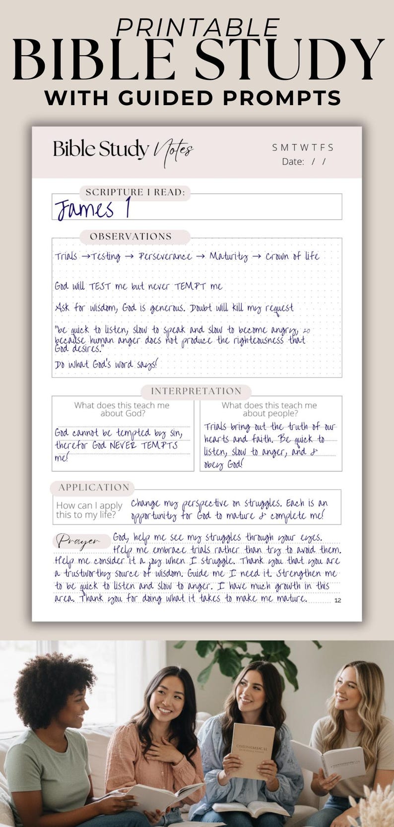 Digital Bible study journal template with a clean printable worksheet layout for inductive Bible study. Features dedicated sections for Scripture notes, observations, interpretation, application, and prayer. A simple, faith-based resource for Christian women to study the Bible with clarity, purpose, and focus.