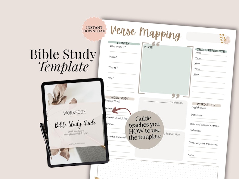 Bible Study Template Printable PDF for beginners and seasoned readers. Includes SOAP Bible Study Template, Verse Mapping, Thematic Bible Study, Topical Bible Study, Character Study, and Chapter Summary. A devotional guide and printable Christian resource for women and teens. Perfect faith gift idea, daily devotional notes, or scripture journal. Works with Goodnotes, Notability, and instant download.