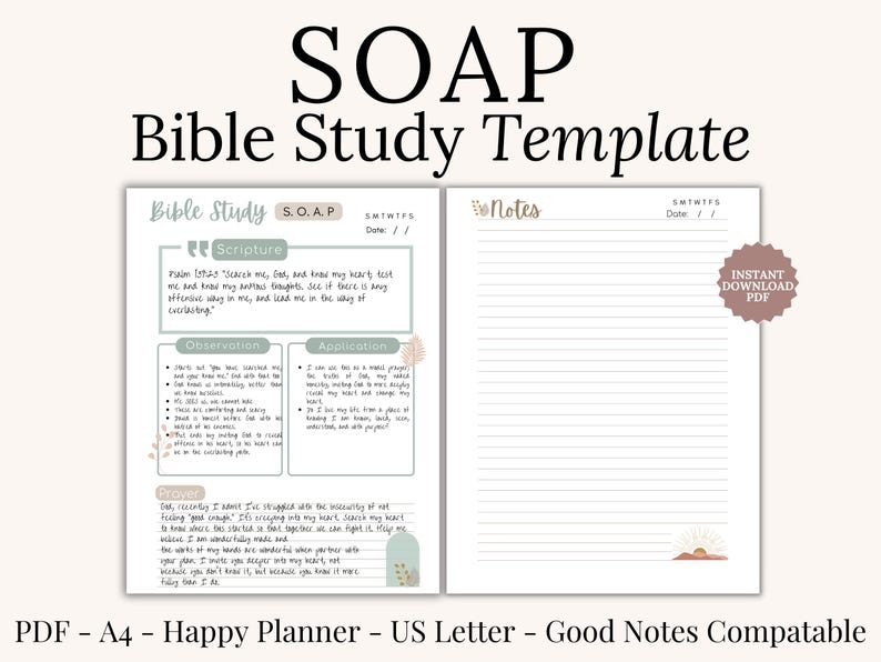 Faith-based Bible Study Templates Printable PDF resource with SOAP, Verse Mapping, Topical Bible Study, Thematic Bible Study, Character Study, and Chapter Summary. Designed as a devotional guide and Christian gift idea for women or teens. Ideal for beginner Bible study, scripture journaling, or group devotionals. Printable Christian resource compatible with Goodnotes and Notability. Instant digital download.