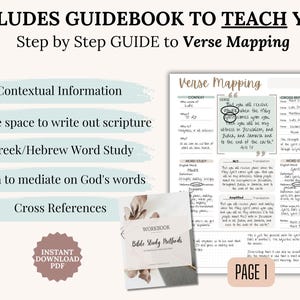 Faith-based Bible Study Templates Printable PDF resource with SOAP, Verse Mapping, Topical Bible Study, Thematic Bible Study, Character Study, and Chapter Summary. Designed as a devotional guide and Christian gift idea for women or teens. Ideal for beginner Bible study, scripture journaling, or group devotionals. Printable Christian resource compatible with Goodnotes and Notability. Instant digital download