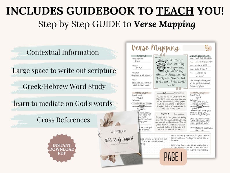 Faith-based Bible Study Templates Printable PDF resource with SOAP, Verse Mapping, Topical Bible Study, Thematic Bible Study, Character Study, and Chapter Summary. Designed as a devotional guide and Christian gift idea for women or teens. Ideal for beginner Bible study, scripture journaling, or group devotionals. Printable Christian resource compatible with Goodnotes and Notability. Instant digital download