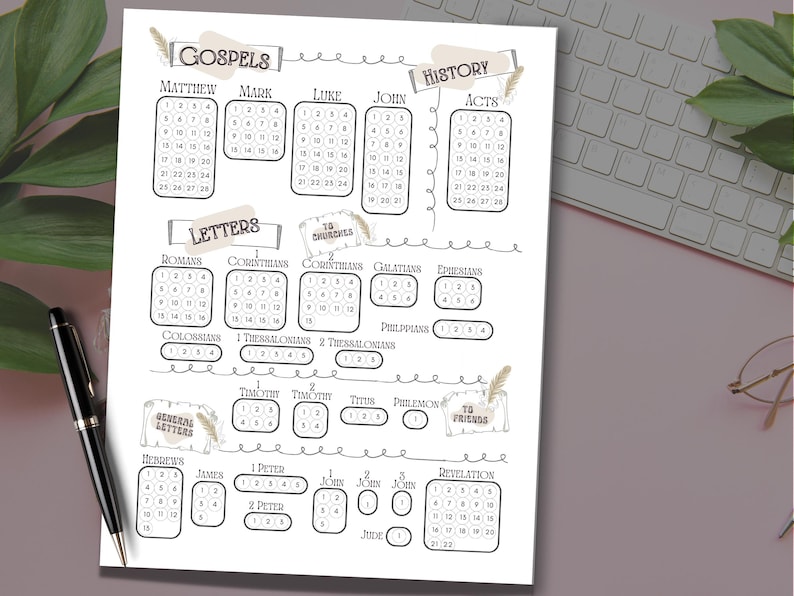 Bible Reading Tracker PDF Printable designed to make daily devotion fun and rewarding. Color in progress as you read Scripture. Great Christian resource for women, men, children, families, and small group Bible studies. Works digitally or printed. Ideal as a Christian gift idea and faith planner tool.