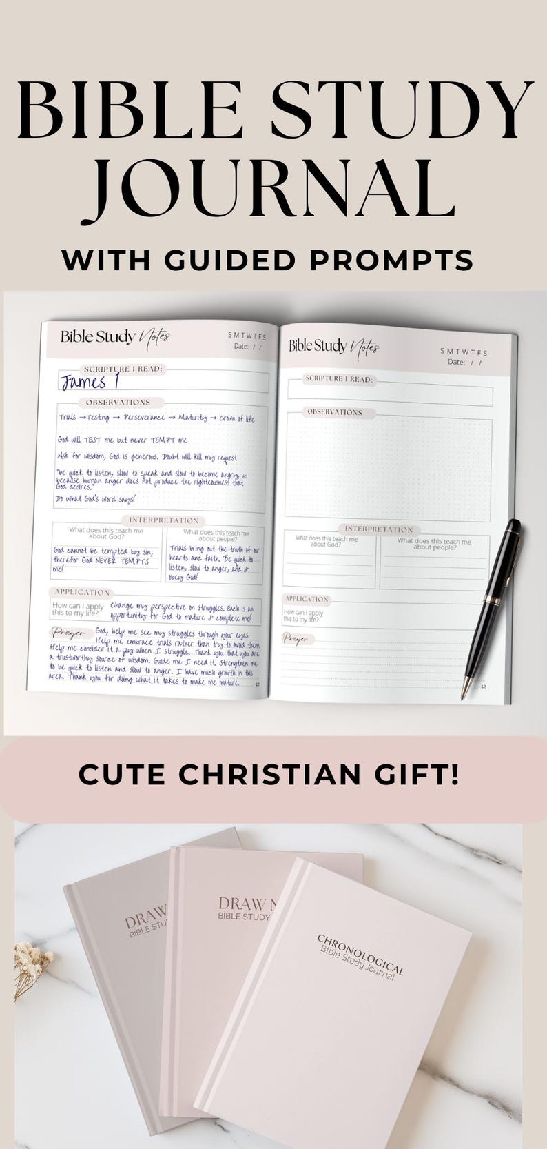 Minimalist 6x9 Guided Bible Study Journal for Christian women with the “Draw Near Bible Study Journal” cover design. Available in hardcover, softcover, and spiral bound options. A faith journal with scripture prompts for daily quiet time, small group study, or church ministry. Elegant Christian notebook for women seeking a simple, structured way to study God’s Word.