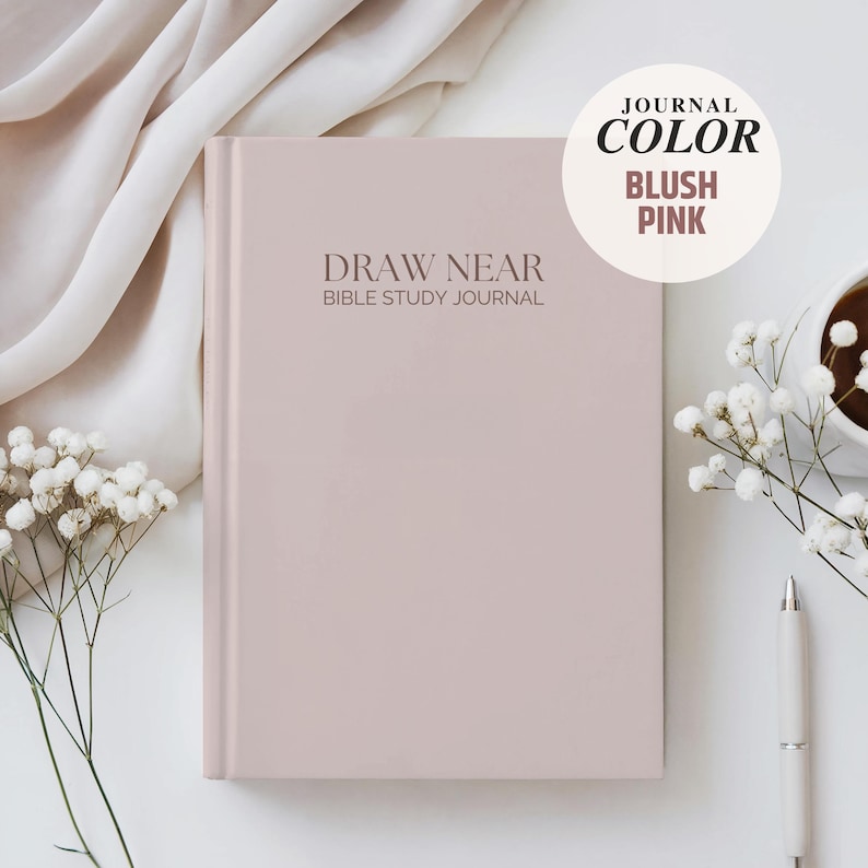 Minimalist 6x9 Guided Bible Study Journal for Christian women with the “Draw Near Bible Study Journal” cover design. Available in hardcover, softcover, and spiral bound options. A faith journal with scripture prompts for daily quiet time, small group study, or church ministry. Elegant Christian notebook for women seeking a simple, structured way to study God’s Word.