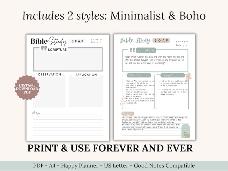 Printable Bible Study Templates and Devotional Guide PDF featuring SOAP, Verse Mapping, Thematic, Topical, Character, and Chapter Summary methods. A beginner Bible study tool for women and teens who want to deepen faith through scripture notes. Perfect Christian gift idea, planner insert, or small group resource. Printable Christian resource for daily devotional use. Instant download for Goodnotes or Notability.