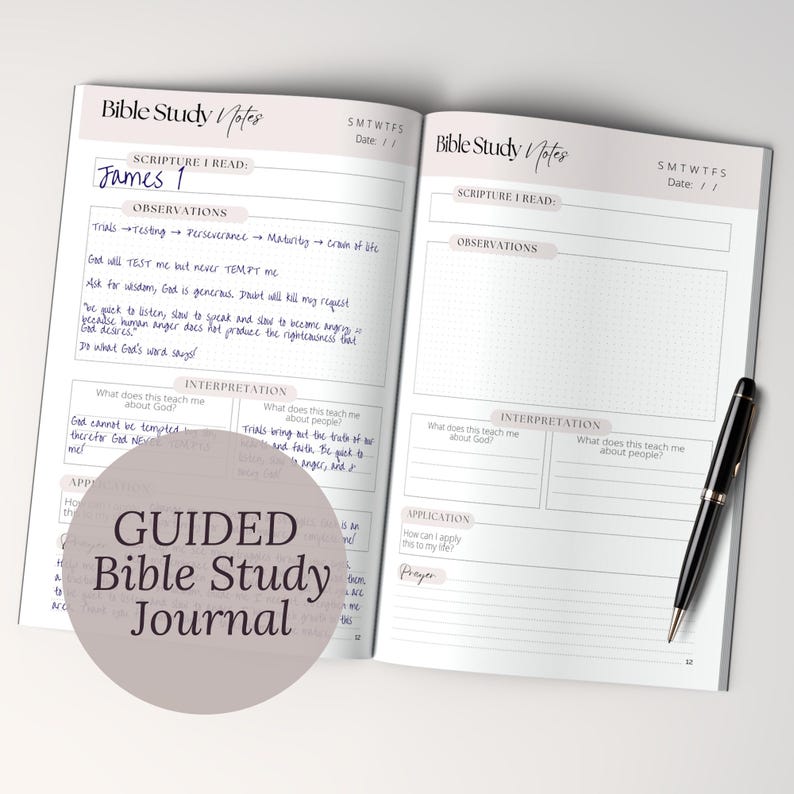 Open two-page interior mockup of the Guided Bible Study Journal showing clean, structured study pages for daily quiet time. Christian women’s Bible study notebook with organized scripture prompts, reflection space, and room for prayers. A perfect faith tool for small groups and church Bible study programs.