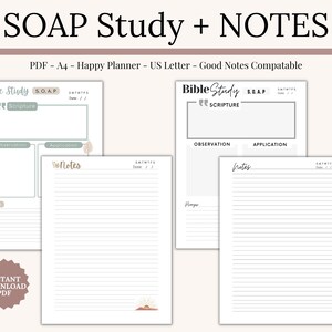 Christian Bible Study Templates Collection Printable PDF. Includes SOAP method, Verse Mapping, Topical Bible Study, Thematic Study, Character Study, and Chapter Summary templates. Perfect for beginners, devotional notes, and spiritual growth. A thoughtful Christian gift idea for women and teens. Use as a printable devotional guide, scripture journal, or planner insert. Works with Goodnotes, Notability, and instant download.