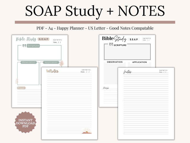 Christian Bible Study Templates Collection Printable PDF. Includes SOAP method, Verse Mapping, Topical Bible Study, Thematic Study, Character Study, and Chapter Summary templates. Perfect for beginners, devotional notes, and spiritual growth. A thoughtful Christian gift idea for women and teens. Use as a printable devotional guide, scripture journal, or planner insert. Works with Goodnotes, Notability, and instant download.