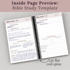 Guided Bible Study Journal shown with front and back cover details plus a feature table highlighting study prompts, 120 study pages, and monthly reflections. A Christian Bible study notebook for women who want structure and clarity in their quiet time. Ideal for Bible study groups, church ministry, and Christian gift giving.