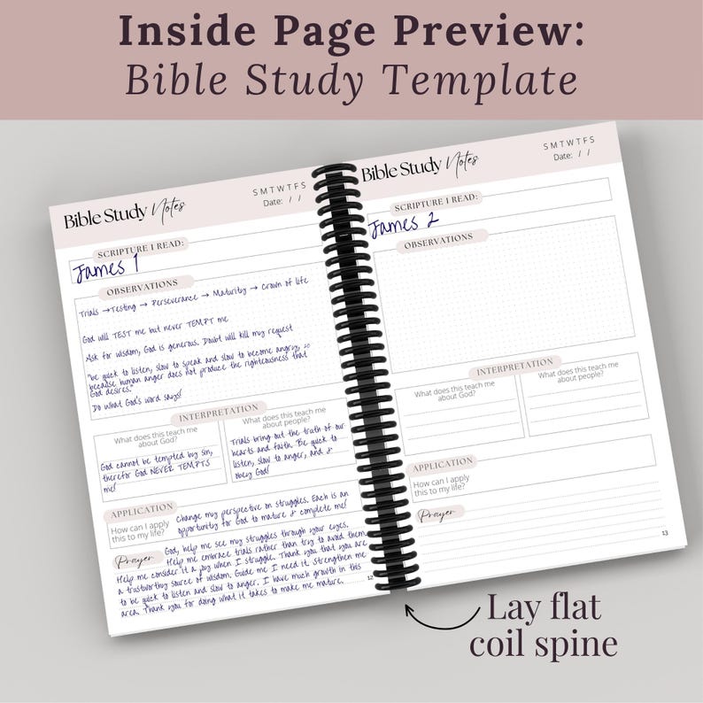 Guided Bible Study Journal shown with front and back cover details plus a feature table highlighting study prompts, 120 study pages, and monthly reflections. A Christian Bible study notebook for women who want structure and clarity in their quiet time. Ideal for Bible study groups, church ministry, and Christian gift giving.