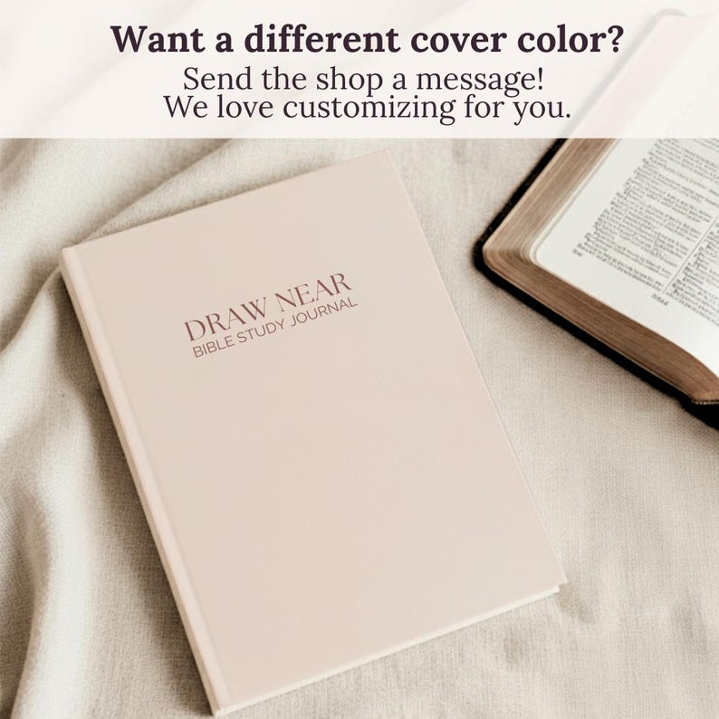 Minimalist 6x9 Guided Bible Study Journal for Christian women with the “Draw Near Bible Study Journal” cover design. Available in hardcover, softcover, and spiral bound options. A faith journal with scripture prompts for daily quiet time, small group study, or church ministry. Elegant Christian notebook for women seeking a simple, structured way to study God’s Word.