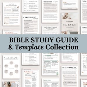 Könnte beinhalten: Eine Sammlung druckbarer Bibelstudienführer und Vorlagen. Das Bild zeigt verschiedene Seiten mit Titeln wie "Schrift", "Kapitelstudium" und "Vers-Mapping". Der Titel "Bibelstudienführer & Vorlagensammlung" ist deutlich sichtbar.