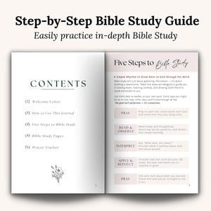 Inside page preview of the Guided Bible Study Journal featuring a simple 5-step Bible study method for observing, understanding, and applying Scripture. Christian journal for women with prompts to keep study time focused and meaningful. Perfect for beginners, small groups, and church discipleship studies.