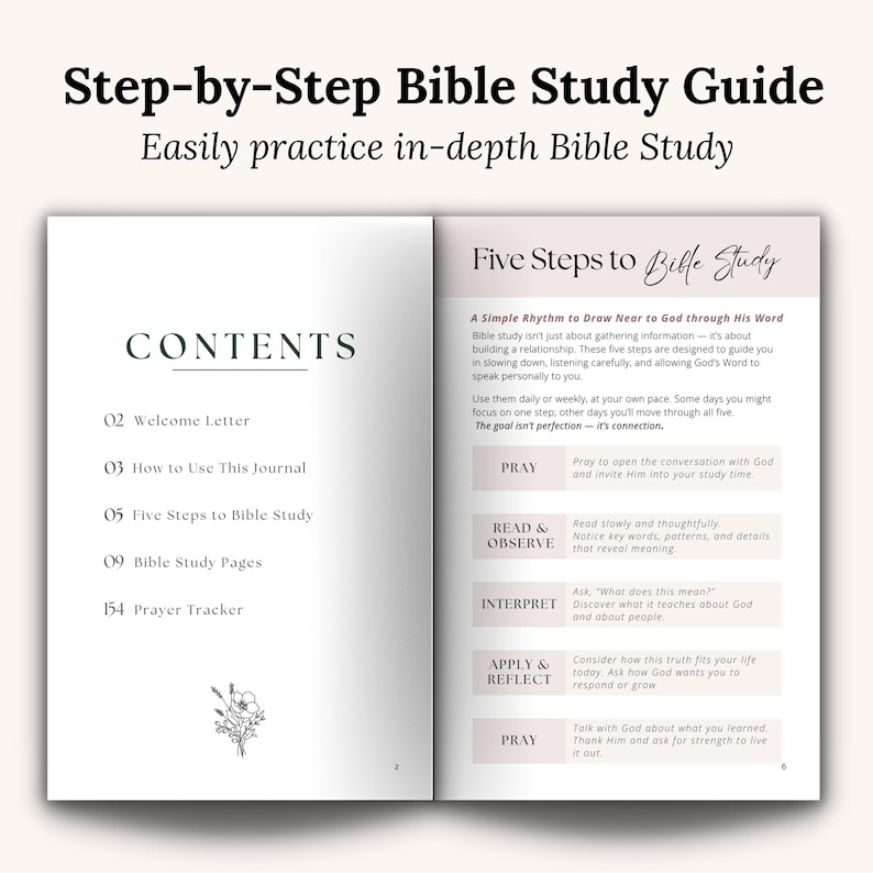 Inside page preview of the Guided Bible Study Journal featuring a simple 5-step Bible study method for observing, understanding, and applying Scripture. Christian journal for women with prompts to keep study time focused and meaningful. Perfect for beginners, small groups, and church discipleship studies.