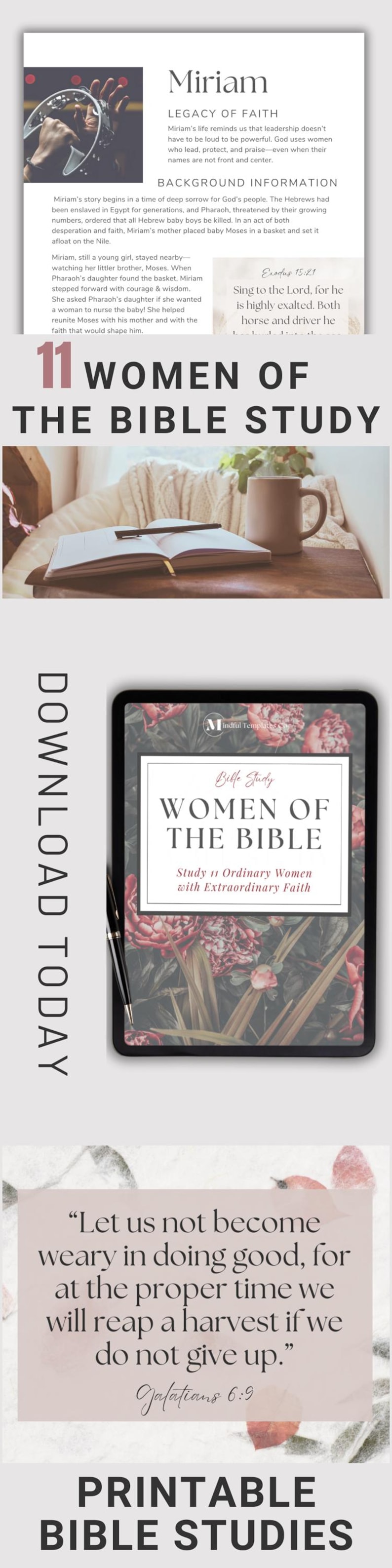 Christian Women of the Bible Study Workbook featuring 65 pages of printable devotionals, journaling pages, and Scripture study guides. Women of Courage theme includes a reflection journal and planner-style templates. Perfect as a Bible Study for women PDF download, small group workbook, or printable devotional resource for Christian women and teens.