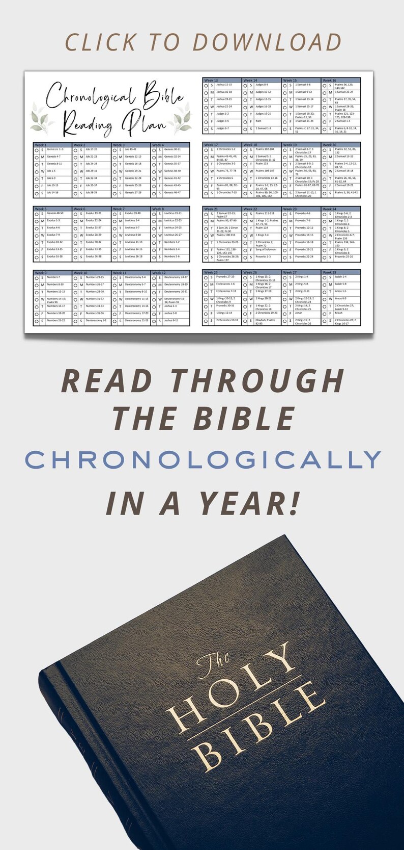 Chronological Bible in a Year Reading Plan printable PDF with a clean, minimal design. This undated Bible study and scripture guide helps you read through the Bible in the order events occurred. Perfect for daily devotion, personal study, or church resource use. Instant download reading tracker available in 8.5x11, A4, and Happy Planner Classic sizes.