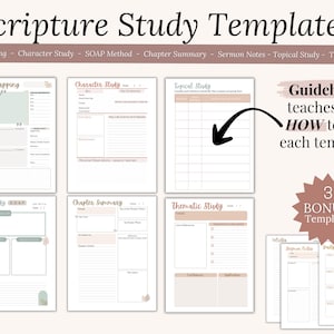 How to Study the Bible Guide with workbook Christian Study Materials Boho Faith Planner Bible Study Templates Reflection Worksheets Chronological Bible Reading Plan Scripture Cards Women’s Daily Devotional Resource Learn to study the Bible. Bible Study templates. Bible Study methods. Chapter Bible Study, SOAP bible study, Verse Mapping, Character Bible Study, Topical bible study template, Thematic Bible Study template