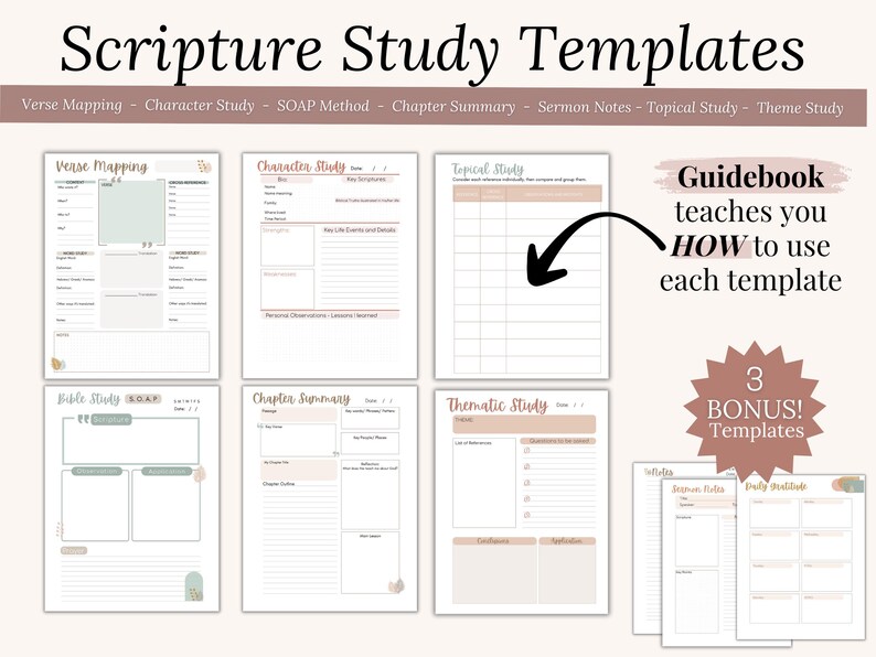How to Study the Bible Guide with workbook Christian Study Materials Boho Faith Planner Bible Study Templates Reflection Worksheets Chronological Bible Reading Plan Scripture Cards Women’s Daily Devotional Resource Learn to study the Bible. Bible Study templates. Bible Study methods. Chapter Bible Study, SOAP bible study, Verse Mapping, Character Bible Study, Topical bible study template, Thematic Bible Study template