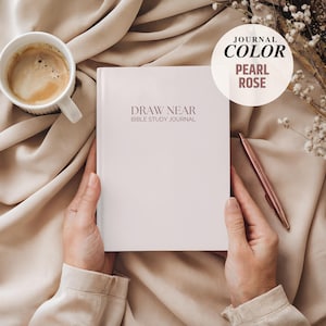 Minimalist 6x9 Guided Bible Study Journal for Christian women with the “Draw Near Bible Study Journal” cover design. Available in hardcover, softcover, and spiral bound options. A faith journal with scripture prompts for daily quiet time, small group study, or church ministry. Elegant Christian notebook for women seeking a simple, structured way to study God’s Word.