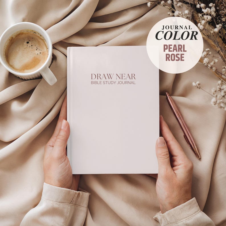 Minimalist 6x9 Guided Bible Study Journal for Christian women with the “Draw Near Bible Study Journal” cover design. Available in hardcover, softcover, and spiral bound options. A faith journal with scripture prompts for daily quiet time, small group study, or church ministry. Elegant Christian notebook for women seeking a simple, structured way to study God’s Word.