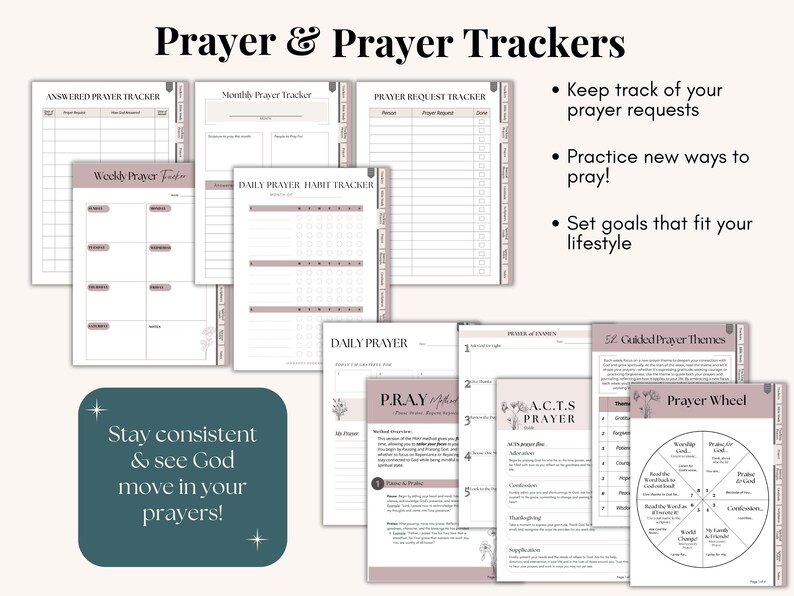 Digital prayer journal and scripture journal PDF with clickable navigation. Daily devotional pages gratitude prompts monthly and yearly spiritual goals memory verse sheets and sermon notes. Compatible with GoodNotes Notability and other PDF apps. Perfect Christian gift for women.