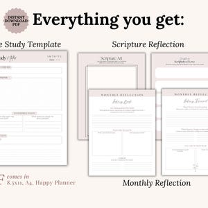 Simple printable Bible study template displayed as a minimalist journal page for Christian women. The layout guides users through reading Scripture, noting observations, understanding meaning, reflecting personally, and praying. Designed for quiet time, personal devotionals, and consistent Bible study.