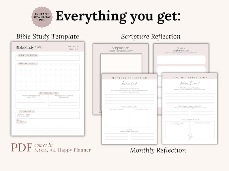 Simple printable Bible study template displayed as a minimalist journal page for Christian women. The layout guides users through reading Scripture, noting observations, understanding meaning, reflecting personally, and praying. Designed for quiet time, personal devotionals, and consistent Bible study.