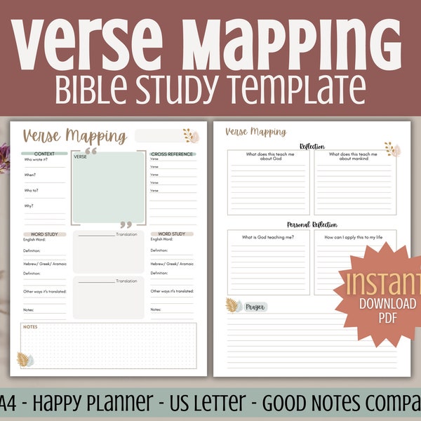 Verse Mapping Bible Study Printable Beginner Bible Study Template, Devotional Planner for Women, Scripture Reading Plan, digital bible study