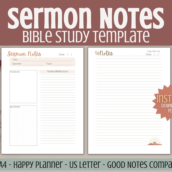 Sermon Notes Printable - Grow in Faith with elegant layouts for scripture reflection and daily gratitude journal