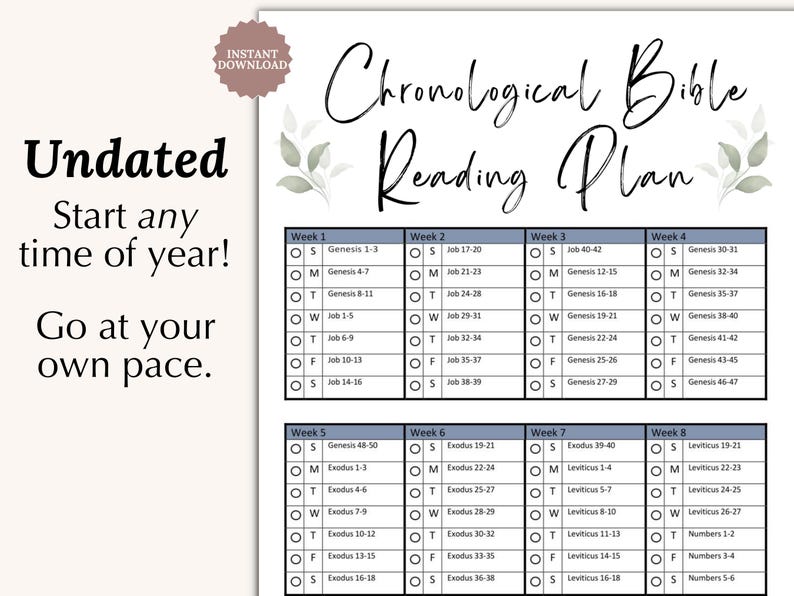 Undated Chronological Bible Reading Plan printable PDF for Bible study and devotional use. Organized weekly layout helps track daily reading progress through the entire Bible. A simple, faith-centered resource for Christians wanting to read the Bible in a year at their own pace.