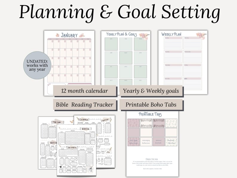 Plan your faith with helping Bible reading trackers, printable bible tabs, goal setting, weekly planning pdf and undated printable calendar. Christian faith planner to keep you growing in Christ, Studying your bible and encouraging your faith. Great christian gift idea, especially for teens wanting to study their bible.