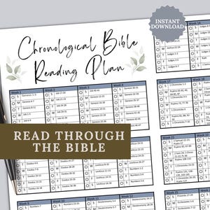 Chronological Bible in a Year Reading Plan printable PDF with a clean, minimal design. This undated Bible study and scripture guide helps you read through the Bible in the order events occurred. Perfect for daily devotion, personal study, or church resource use. Instant download reading tracker available in 8.5x11, A4, and Happy Planner Classic sizes.