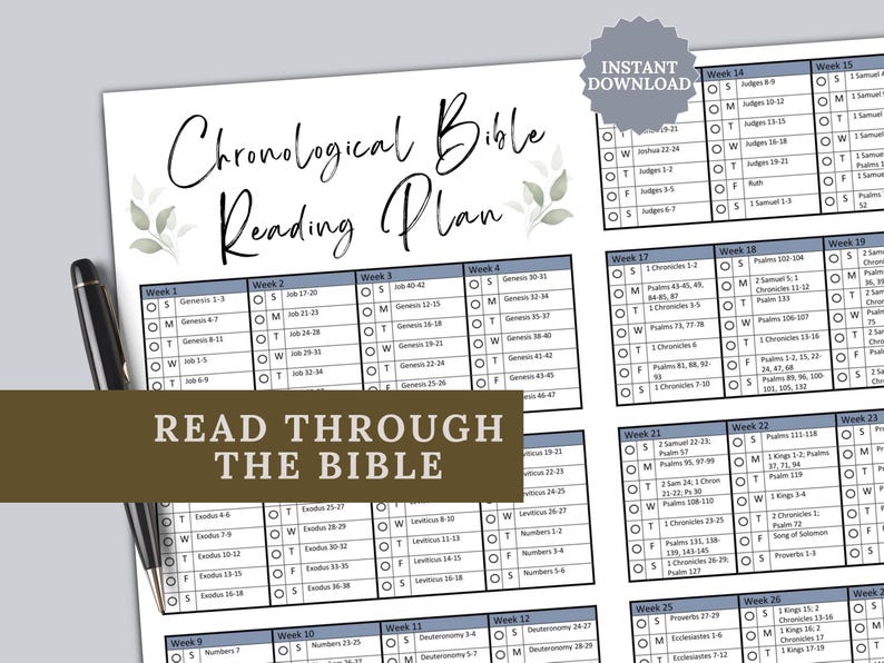Chronological Bible in a Year Reading Plan printable PDF with a clean, minimal design. This undated Bible study and scripture guide helps you read through the Bible in the order events occurred. Perfect for daily devotion, personal study, or church resource use. Instant download reading tracker available in 8.5x11, A4, and Happy Planner Classic sizes.