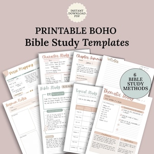Op de afbeelding: Printbare Boho Bijbelstudie sjablonen met verschillende studiemethoden. De afbeelding toont verschillende pagina's met titels als "Verse Mapping", "Character Study" en "Topical Study". De tekst bevat "Instant Download PDF" en "6 Bible Study Methods".