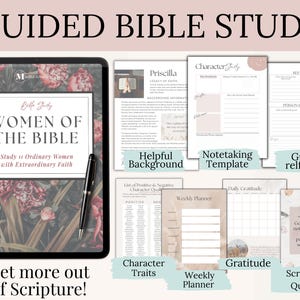 Printable devotional for women of faith highlighting courageous women of the Bible. This instant PDF download includes a Women of the Bible Reflection Journal, daily devotional planner pages, and character study templates. A versatile Bible Study Workbook for women’s small group or personal quiet time, and a meaningful Christian gift for women.