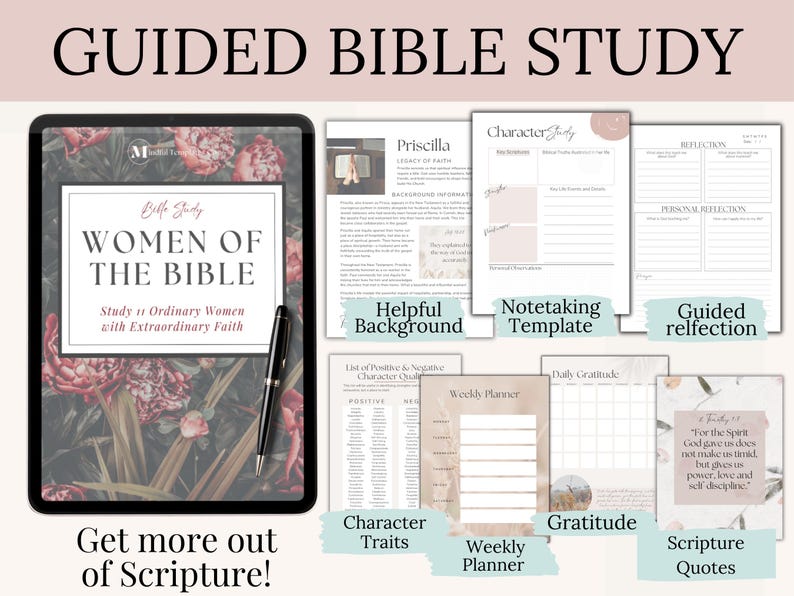 Printable devotional for women of faith highlighting courageous women of the Bible. This instant PDF download includes a Women of the Bible Reflection Journal, daily devotional planner pages, and character study templates. A versatile Bible Study Workbook for women’s small group or personal quiet time, and a meaningful Christian gift for women.