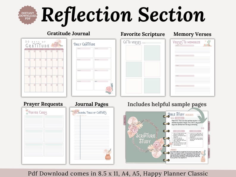 Printable and Digital Bible Study Templates. These include Verse Mapping in depth bible study, SOAP bible study, Character of the bible study, Bible Topic study, Bible Theme study and Chapter summary template. Digital Christian resources to help your spiritual growth, understand scripture and reflect on your faith. Christian reflection pages like Prayer Tracker, Memory verse tracker, daily gratitude journal and more spiritual reflection planning pages.