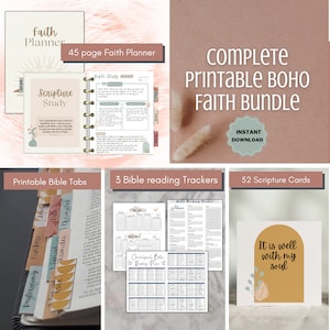 Complete afdrukbare Boho Set Faith-bundel: afdrukbare Bijbelstudie Faith Planner, Boho Bible Journal, Bijbeltabbladen, Schriftkaarten