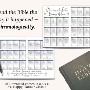 Christian Bible Reading Plan and Tracker featuring a chronological layout for reading the Bible in a year. Downloadable scripture guide includes checkboxes, weekly sections, and study prompts. Perfect for printable planners, faith journals, and church devotionals.