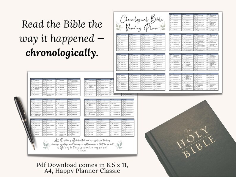 Christian Bible Reading Plan and Tracker featuring a chronological layout for reading the Bible in a year. Downloadable scripture guide includes checkboxes, weekly sections, and study prompts. Perfect for printable planners, faith journals, and church devotionals.