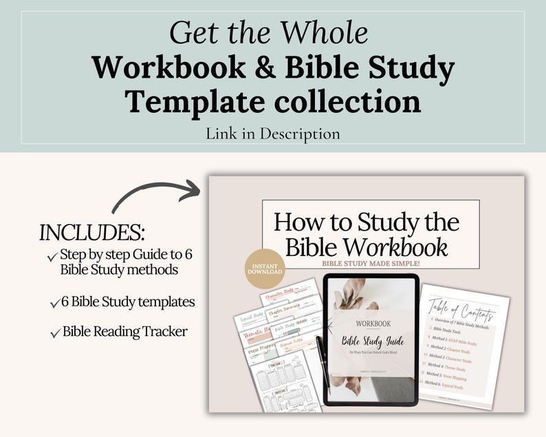 Beginner Bible Study Workbook Templates in PDF format. Includes SOAP Bible Study Template, Verse Mapping, Thematic, Topical, Character Study, and Bible Chapter Summary. Great for women and teens as a Christian gift idea, devotional guide, or faith planner insert. Use for daily devotional notes, journaling, and scripture application. Printable Christian resource works with Goodnotes, Notability, and instant download.